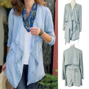 Soft Surroundings Open Front Chambray Jacket Blue Asymmetric Draped